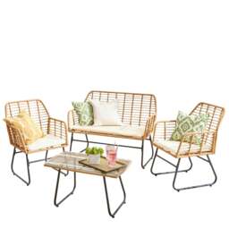 Neo Natural 4 Piece Wicker Bamboo Style Garden Sofa, Table & Chairs Set