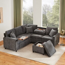 VILUXE 205cm 4-Seater Chenille Corner Sofa Bed with Storage Ottoman, Reading Lamp, USB & Type-C, Grey