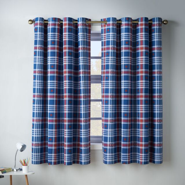Catherine Lansfield Kids Stars And Check Fully Reversible Eyelet Curtains Blue One Size