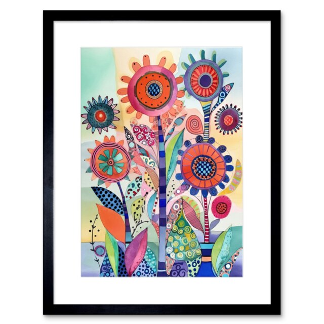 "Large Flower Blooms Embroidery Style Patterns Folk Art 9x7"" Black Framed Wall Art Print"