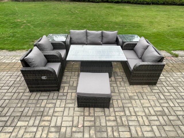 Fimous Wicker PE Rattan Outdoor Garden Furniture Sets Height Adjustable Rising lifting Dining Table Reclining Chair Sofa Set with 2 Side Tables Big Footstool Dark Grey Mixed