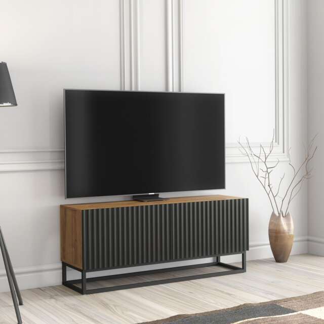 TV Unit Stand Cabinet Sideboard Media Cabinet Storage Unit Oak Black Doors Metal Frame 100cm