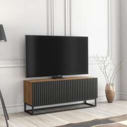 TV Unit Stand Cabinet Sideboard Media Cabinet Storage Unit Oak Black Doors Metal Frame 100cm