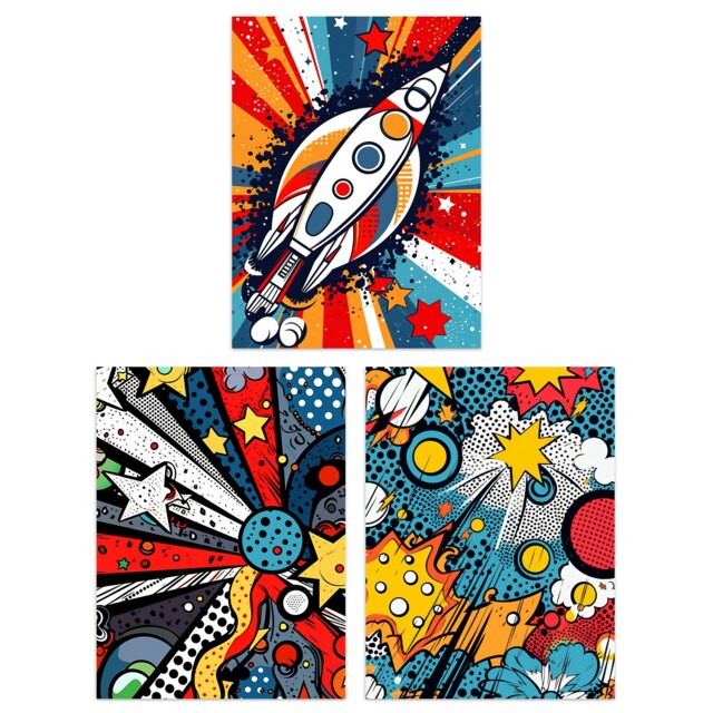 Set of 3 Space Pop Art Comic Book Style Planet Stars Rocket Kids Bedroom Wall Art Prints 12x16 Inch