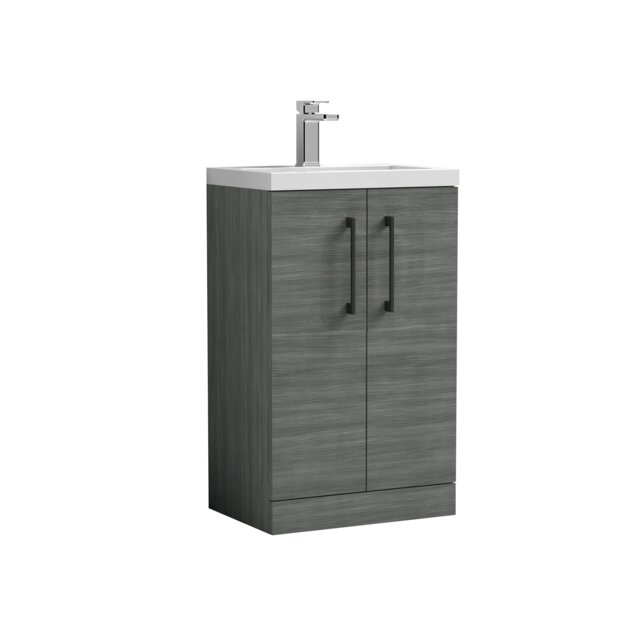 Balterley Level Compact Bathroom Cloakroom Vanity Basin Unit with Ceramic Basin, Handles Grey Grey Woodgrain 840 x 510 x 360mm