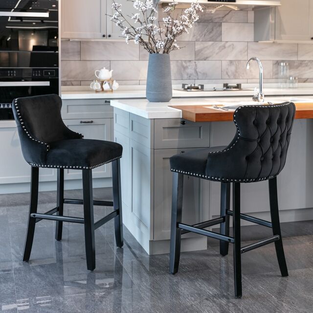 Set of 2 Velvet Upholstered Bar Stools with Wood Legs