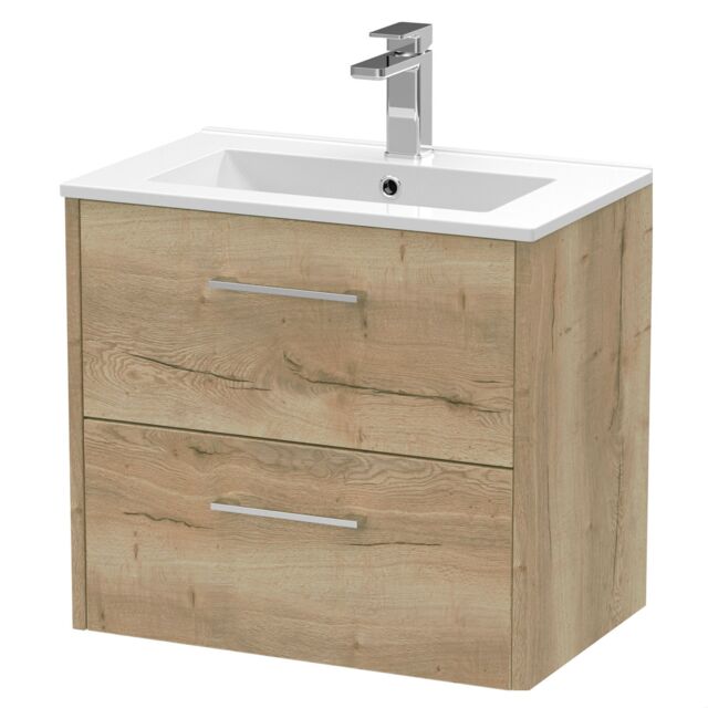 Balterley Winshill Contemporary 2 Drawer Wall Hung Vanity Unit with Minimalist Basin, Light Oak, 600mm