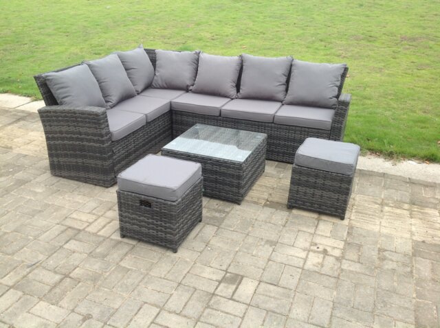 Fimous 8 Seater High Back Rattan Garden Furniture Set Corner Sofa With Square Coffee Table Footstool