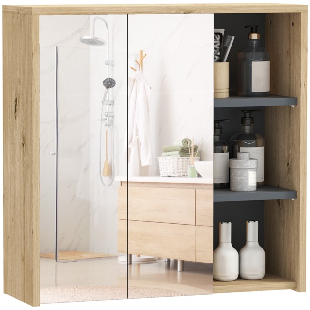 HOMCOM Bathroom Mirror Cabinet, Wall Mounted Bathroom Cabinet with Mirror, 2 Doors and Cupboards, Natural Brown Natural wood finish