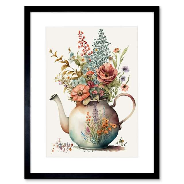 "Flower Bouquet a Floral Design Ceramic Teapot 9x7"" Black Framed Wall Art Print"