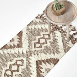 Homescapes Lhasa Handwoven Brown and Cream Diamond Kilim Wool Hall Runner - 66 x 200 cm Brown Brown and cream