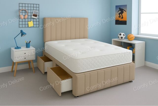 Mink Plush 4ft6 Double Divan Bed Set Headboard & Footboard - 2 Drawers Left Side Laying in Bed