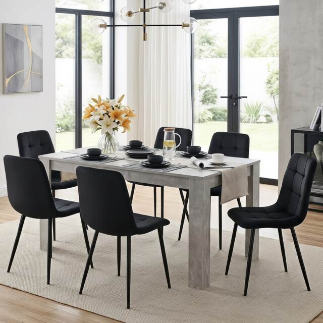 Stone Grey Effect Wooden Dining Table Set With 6 Black Velvet Chairs Dining Room Furniture Black One Size 7