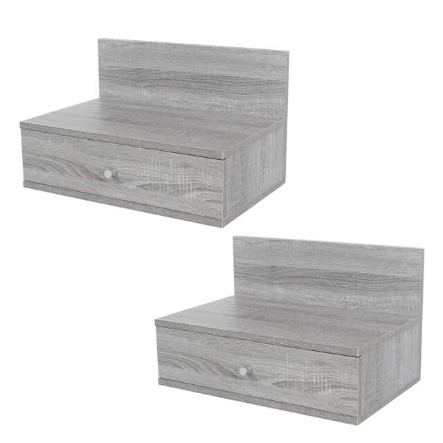 Pair of Kelly Wall-Mounted Bedside Cabinets with Drawer - Modern Floating Bedside Tables Grey Grey Oak Effect One Size 2