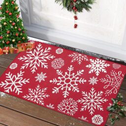 London Boutique Christmas Doormat with Snowflake Design, Non-Slip Washable Entrance Mat, Red, 40 x 60 cm