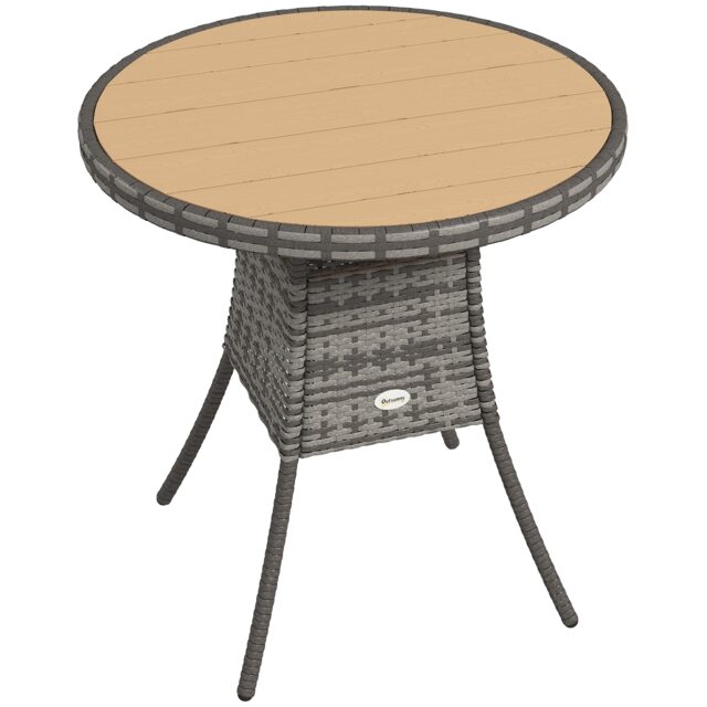 Outsunny Outdoor PE Rattan Dining Table w/ Wood-plastic Composite Top, Natural Grey Mixed Grey, Natural Wood Finish 70cm x 70cm x 73cm