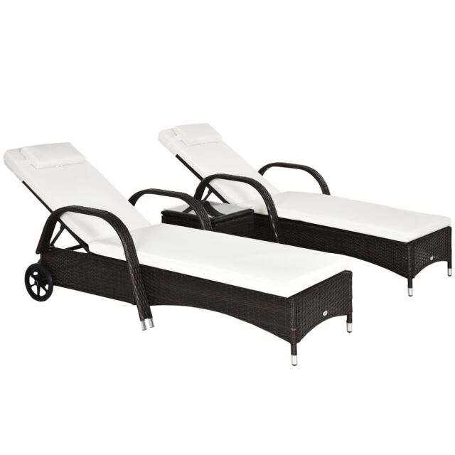 Outsunny 3 PCS Rattan Lounger Recliner Bed Garden Furniture Set w/ Side Table Brown Brown