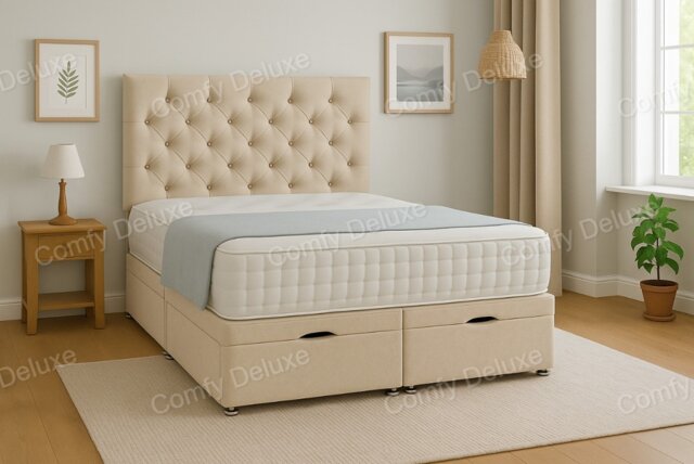 Ottoman Foot Lift Cream Naples 5ft Kingsize Divan Bed With Mattress & Headboard