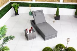 Rattan Sun Lounger & Table Set Sun bed 6 Recline Positions + Cover Grey Grey