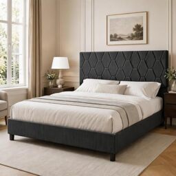 London Boutique Upholstered Double Bed Frame, Adjustable Padded Headboard