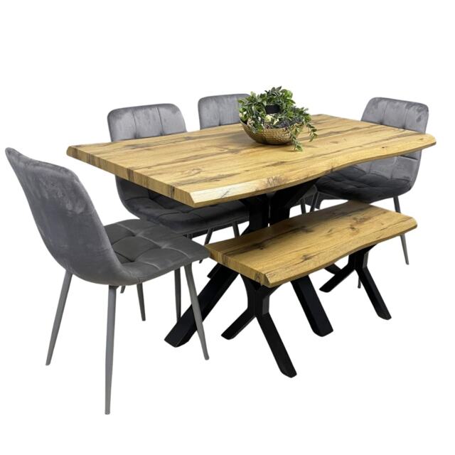 Wooden Dining Table with Bench and 4 Grey Velvet Chairs, Stylish Dining Room Furniture