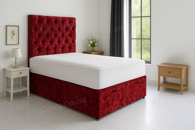 Red Crushed Velvet 5ft Kingsize Ottoman Foot Lift Open Divan Bed Set Headboard with Mattress