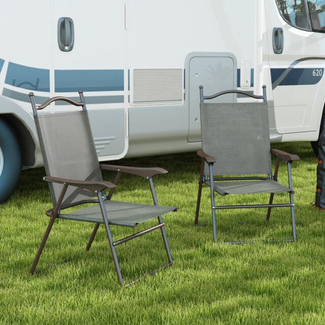 Outsunny Folding Chairs Set of 2, Garden Chair with Armrest, Breathable Mesh Fabric Seat, Camping Sports Chairs for Adults, Dark Grey