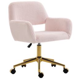 HOMCOM Swivel Office Chair, Faux Rabbit Fur Upholstered Vanity Desk Chair with Adjustable Height, Armrests and Wheels for Home Office, Bedroom, Makeup, Dressing Room, Light Pink Pink