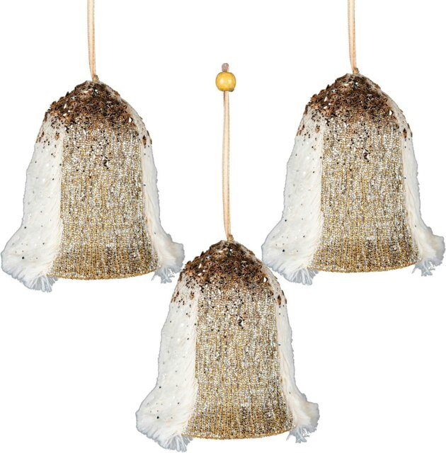 3Pcs Gold Santa Bell 12cm - Christmas Tree Hanging Decorations Ornaments Fairy Tale Theme