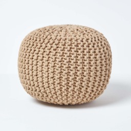 Homescapes Linen Round Cotton Knitted Pouffe Footstool - 35 x 40 cm