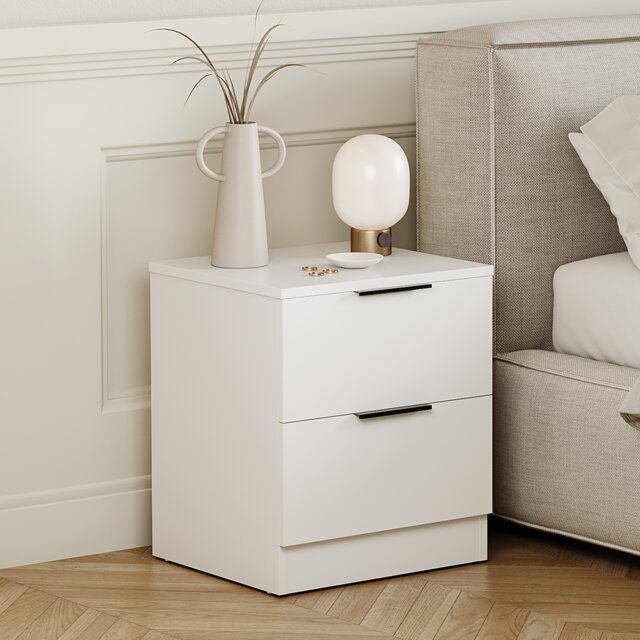 Vida Designs Trega 2 Drawer Bedside Chest Bedroom Storage Unit, (H) 41cm x (W) 39cm x (D) 28cm, White