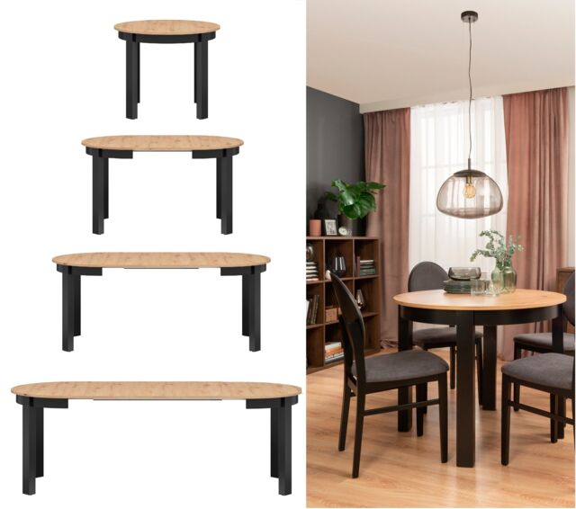 Dining Kitchen Table Small Round Extendable to Oval Oak and Black 4 to 12 Seater Extending 105cm to 150cm to 195cm to 240cm Indus