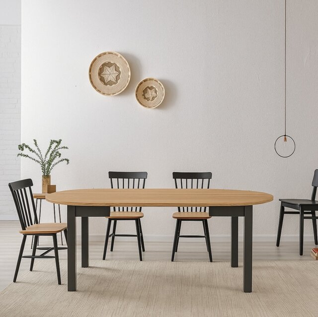 Round Extendable Dining Table Oval Oak Effect Top Black Legs Compact Kitchen 4 to 12 Seater 105cm - 150cm - 195cm - 240cm Indus
