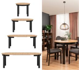 Dining Kitchen Table Small Round Extendable to Oval Oak and Black 4 to 12 Seater Extending 105cm to 150cm to 195cm to 240cm Indus