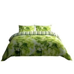 Duvet Cover And Pillowcase Set Reversible Rose And Stripe Design Polycotton Bed Linen Green Lime King
