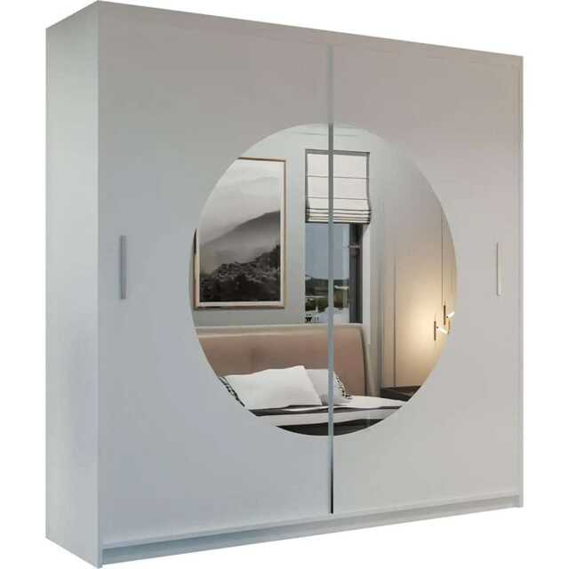 Modern Sliding Door Wardrobe with Circular Mirror - Adjustable Shelves & Rails, 150/203cm