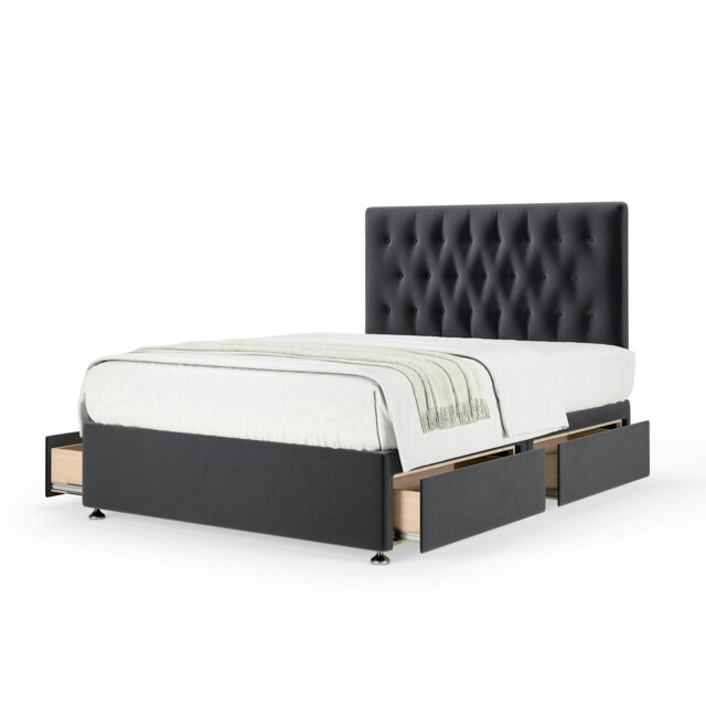 Majestic 1000 Pocket Sprung Graphite Plush Velvet 4 Drawer Divan Set And Lona Headboard King Size
