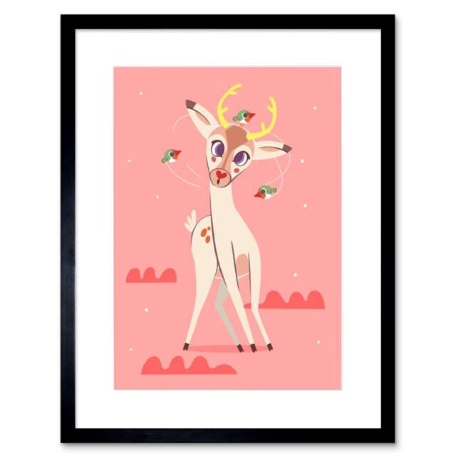 "Dizzy Deer Stag Birds Game Pink Cartoon Girl Kids Bedroom 9x7"" Black Framed Wall Art Print"
