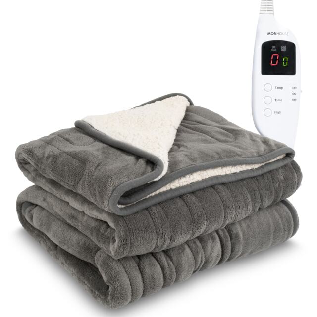 Monhouse Heated Throw - Electric Blanket - Digital Controller - 9H Timer , 9 Heat Settings, Auto Shutoff - Double 150X200Cm Grey Grey Shearling 1