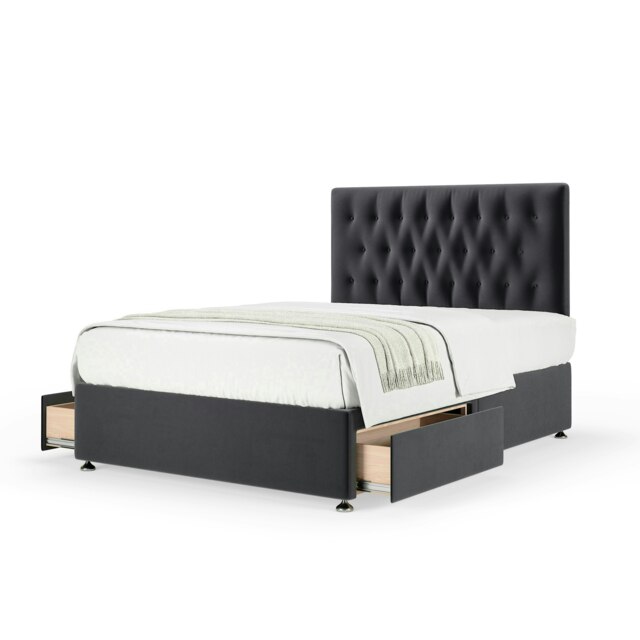 Majestic 1000 Pocket Sprung Graphite Plush Velvet 2 Drawer Divan Set And Lona Headboard Single