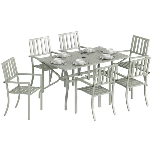 Outsunny 7 Pieces Patio Dining Set with Umbrella Hole for Garden, Light Grey Grey Light Grey