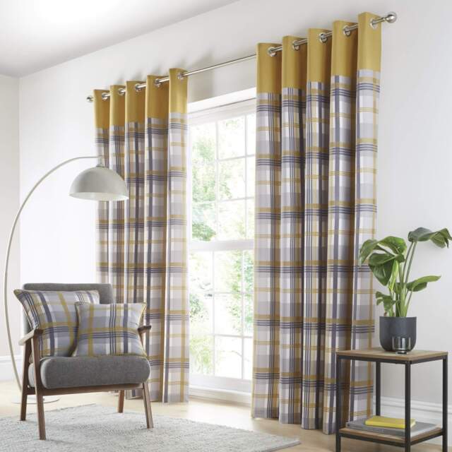 Portfolio Home Orleans Tartan Check Ochre 66 x 72 Inches Fully Lined Eyelet Curtains Yellow