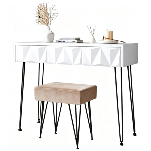 CARME Home - Claudia White Dressing Table & Stool set with Black hairpin legs