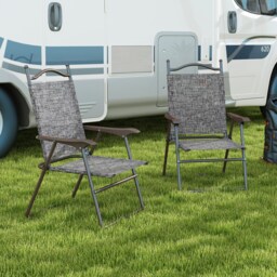 Outsunny Folding Chairs Set of 2, Garden Chair with Armrest, Breathable Mesh Fabric Seat, Camping Sports Chairs for Adults, Grey