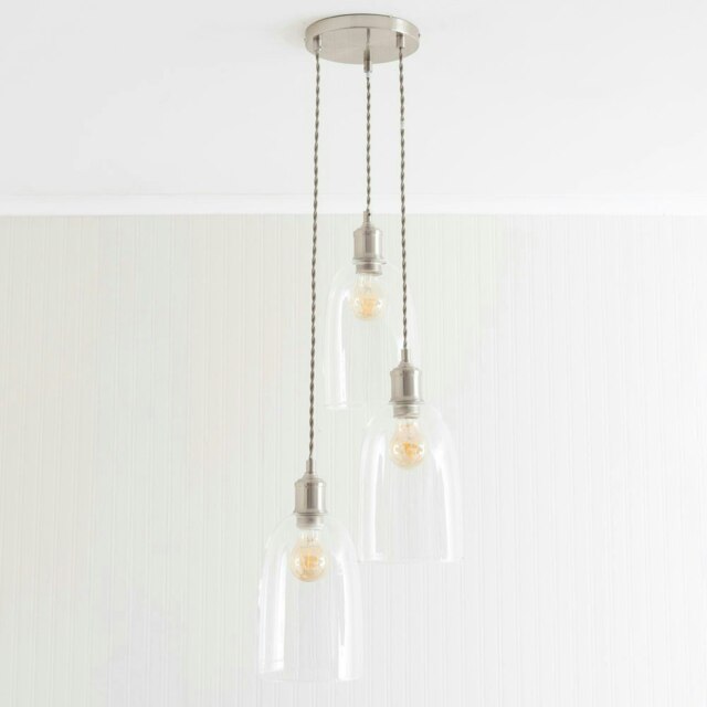 ValueLights Kira Glass Dome 3 Drop Cluster Brushed Chrome Ceiling Pendant Light with Bulbs Silver