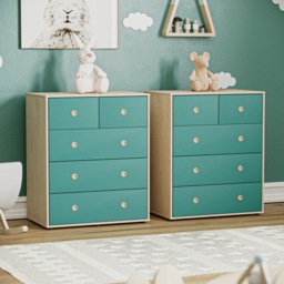 Junior Vida Neptune 5 Drawer Chest, Blue & Oak - Set of 2