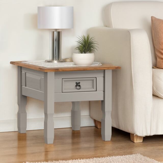 Mercers Furniture Corona Grey Wax 1 Drawer Lamp Table Small Coffee Side Unit Solid Wood Pine Wooden Living Room with Mexican Styling