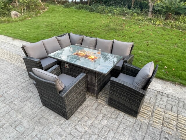 Fimous Outdoor Rattan Corner Sofa Garden Furniture High Back Sofa Set Gas Fire Pit Dining Table Gas Heater Burner 2 Arm Chair 8 Seater
