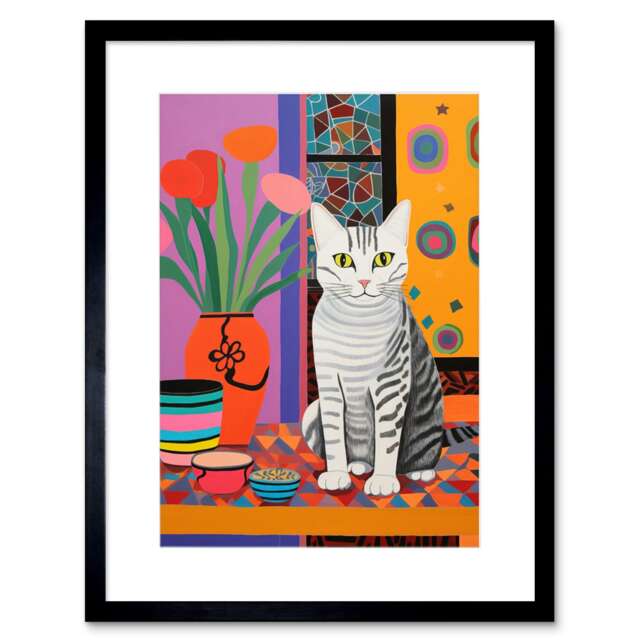 "Stripey Cat Sits Plant Matisse Style Folk Art 9x7"" Black Framed Wall Art Print"