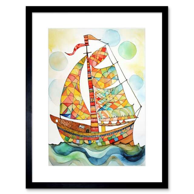 "Sailing Ship At Sunrise Folk Art 9x7"" Black Framed Wall Art Print"